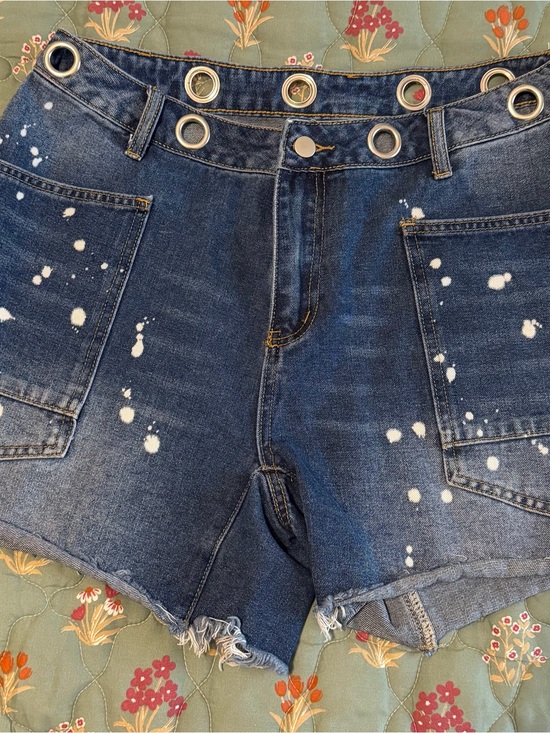 Pants - Dark Blue Distressed Denim Women's Shorts with Grommet Waist